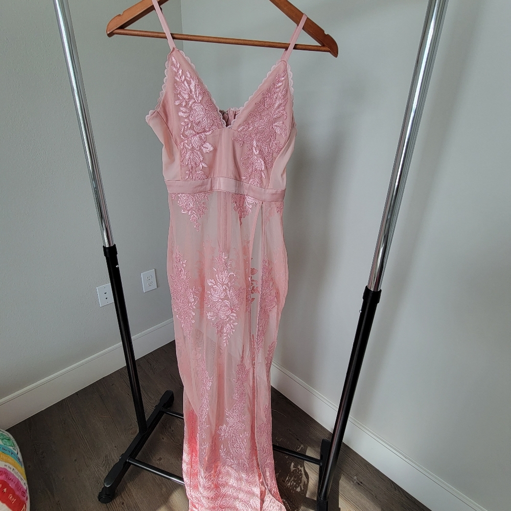 House of CB Lucia Dress Rose Sheer Lace/Bandage Maxi Dress